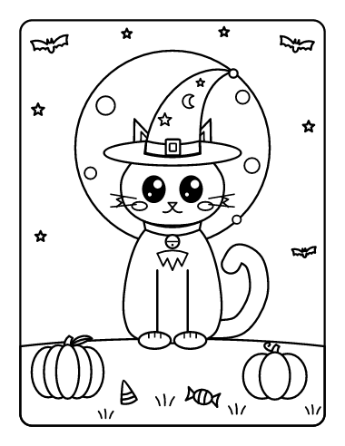 Black Cat in a Witch Hat coloring page
